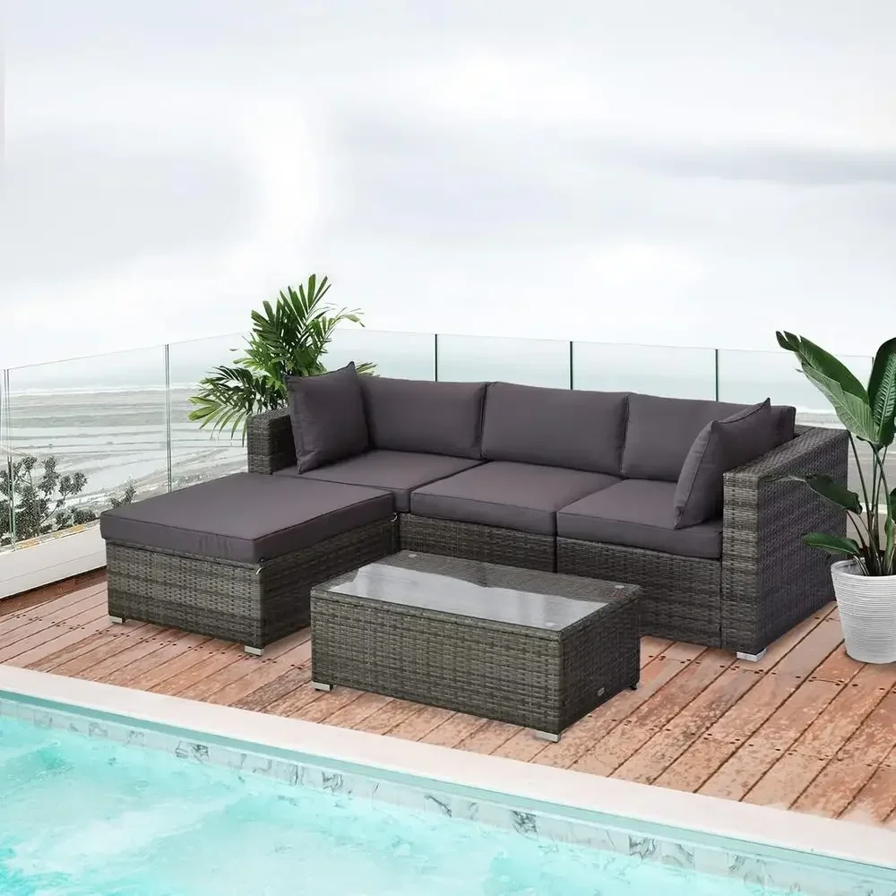 5-Piece Outdoor Sectional Sofa Set with Cushions and Glass Table, PE Rattan Wicker, Gray/Gray Mix