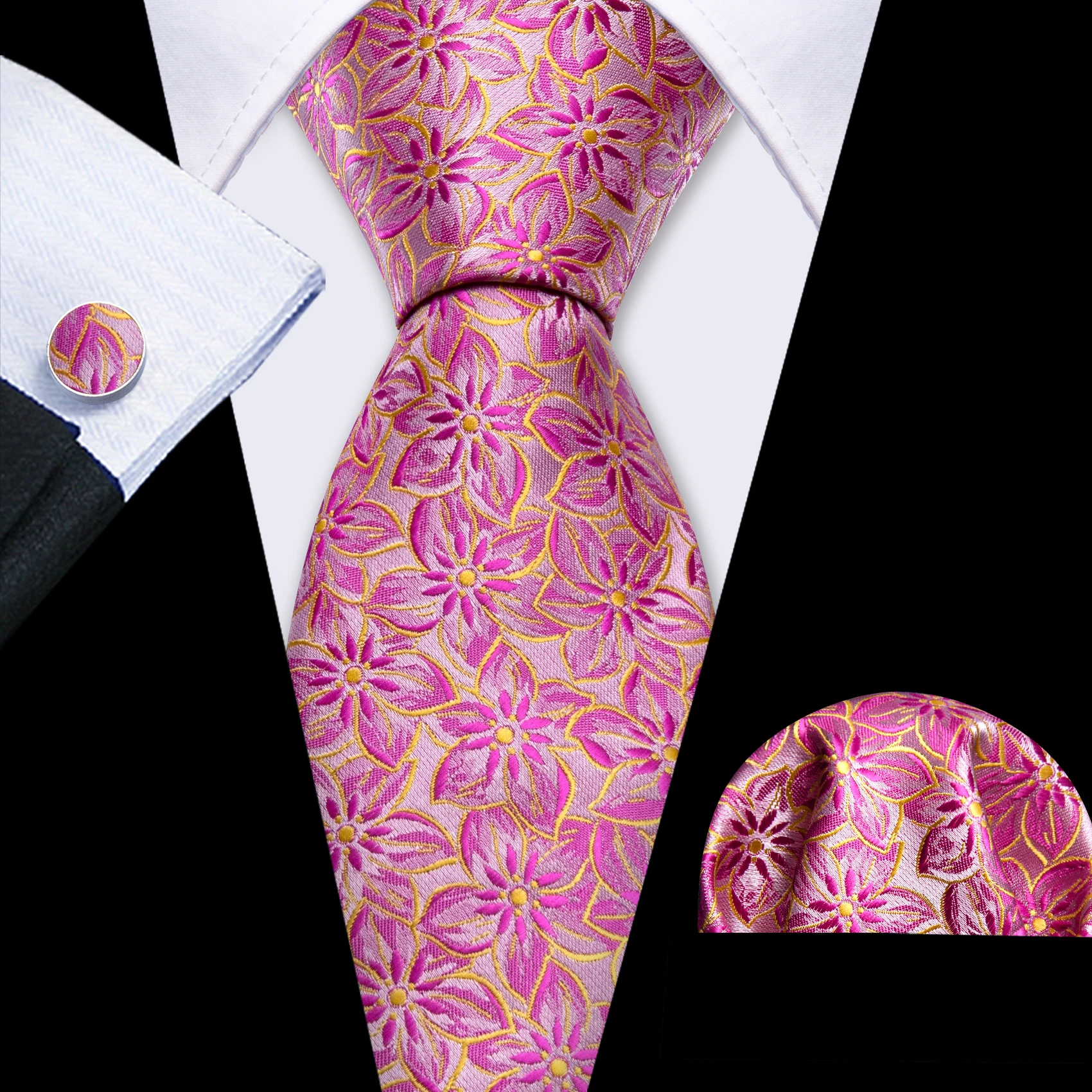 Barry.Wang Set Dasi Pria Jacquard Motif Semangka & Pink Persik dengan Penutup Saku dan Kancing Manset, Dasi Elegan untuk Pria, Pernikahan, dan Bisnis
