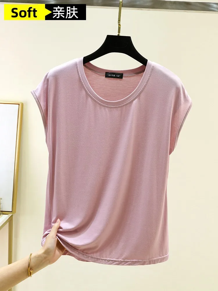 Modal round Neck T-Shirt Women Summer Thin Casual Outerwear Top  Color plus Size Sleeveless Base Shirt July Deer Brand