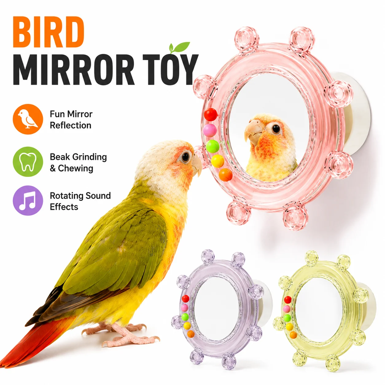 Rotating Parrot Mirror Toy Interactive Sounding Wheel Chew Toy For Cockatiel Conure Parakeet Small Bird Cage Accessories