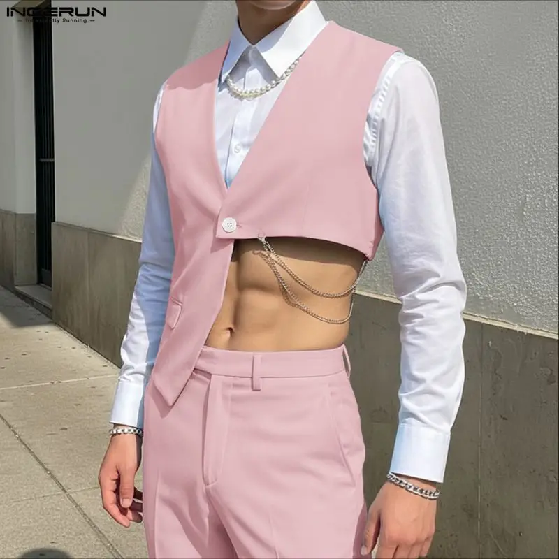 

Мужские жилеты INCERUN: однотонные, с V-образным вырезом, без рукавов, на одной пуговице, асимметричные, уличный стиль, модные повседневные мужские жилеты 2026