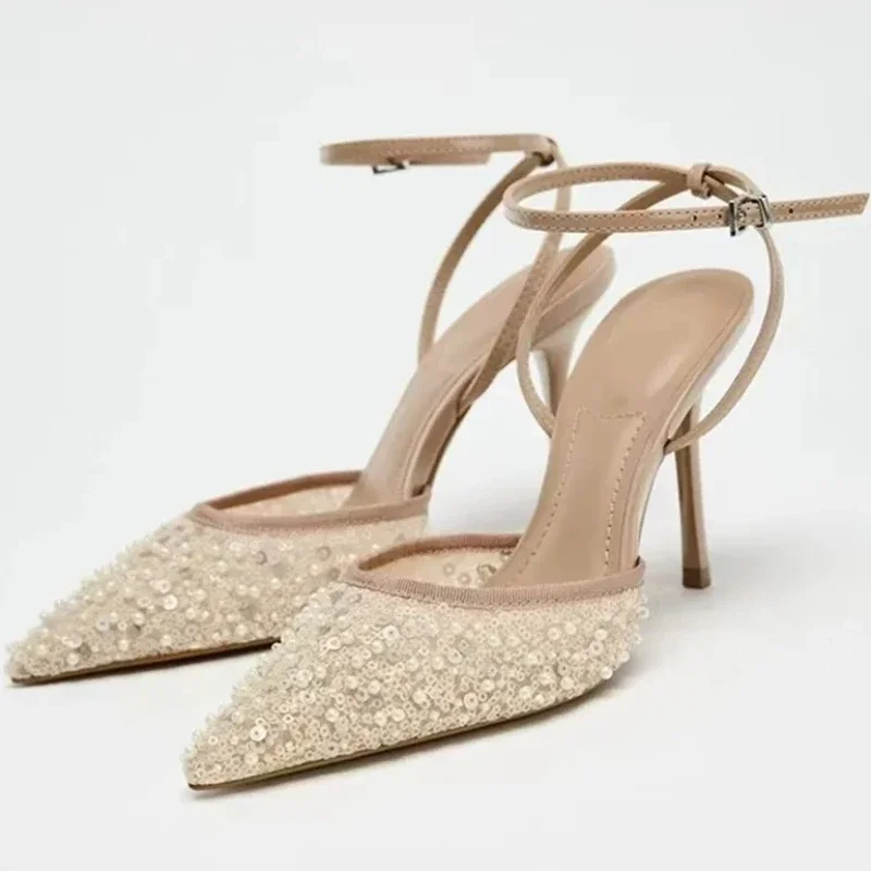 

Mesh Bling Sexy Pointed Toe Sandals Ladies Ankle Strap Fashion Elegant High Heels String Beads Designer Banquet Wedding Shoes