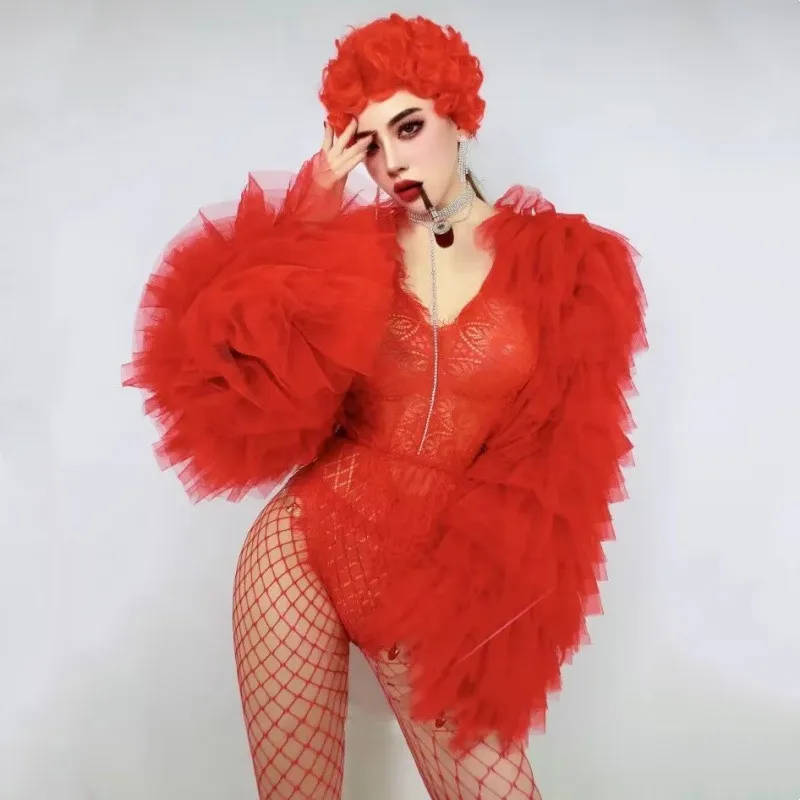 

Костюм для выступлений: Красно-зеленый тюлевый плащ-накидка для диджеев, танцовщиц, певиц, для ночных клубов, вечеринок, карнавалов, сценических шоу