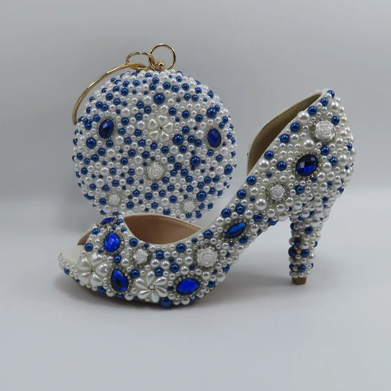 White and Blue Pearl Wedding shoes and bag Peep Toe Pumps Bridal Party Dress Shoes Fish Mouth high heels with Handbags  8cm image 3