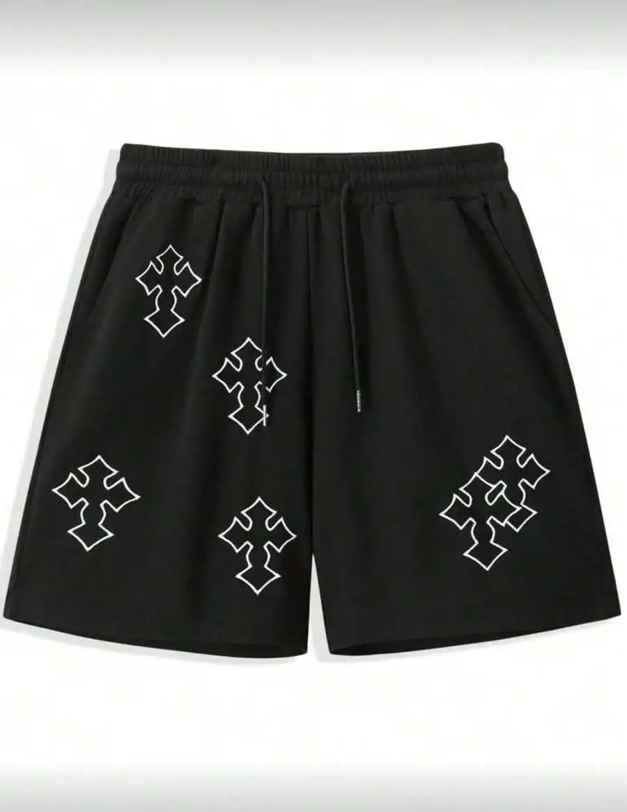 

Mens Cross Embroidered Casual Loose Straight Shorts Elastic Waist Drawstring Streetwear