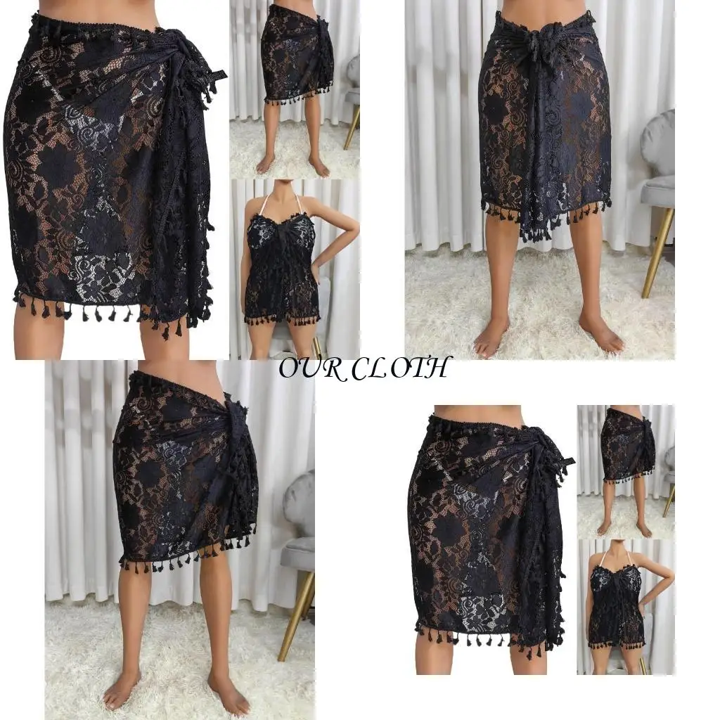 Fringe Beach Skirt Floral Embroidered Lace Beach Wrap with Tassels Swimsuit Wrap Y1AC