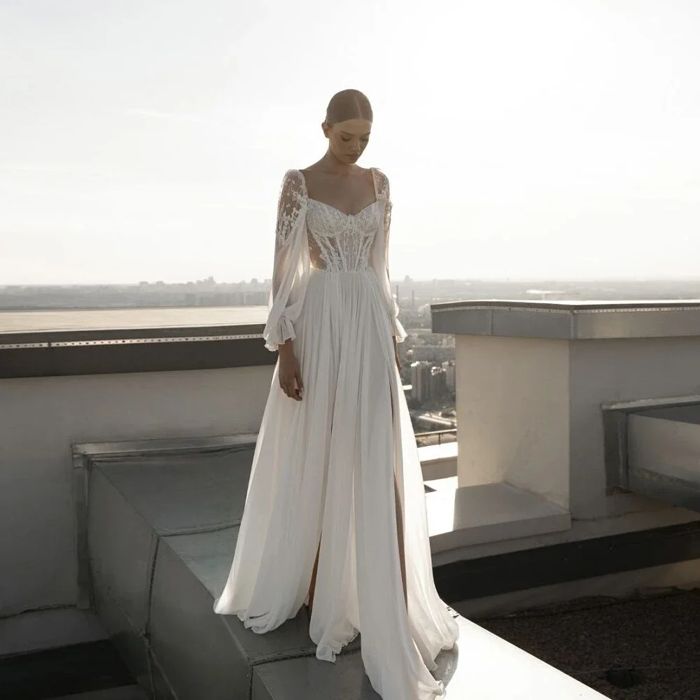 

New Ivory Strapless Full Sleeve Bridal Gowns Women Summer Chiffon Wedding Dresses with Lace Customized