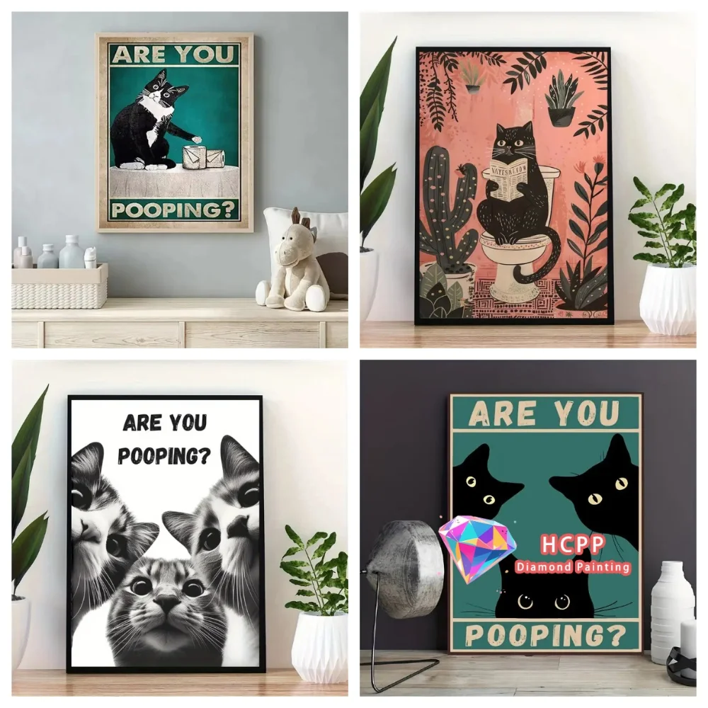 

Набор для вышивания алмазной мозаикой 5D: «Черный кот и котенок читают газету в туалете», квадратные/круглые стразы, ручная работа, уникальный подарок