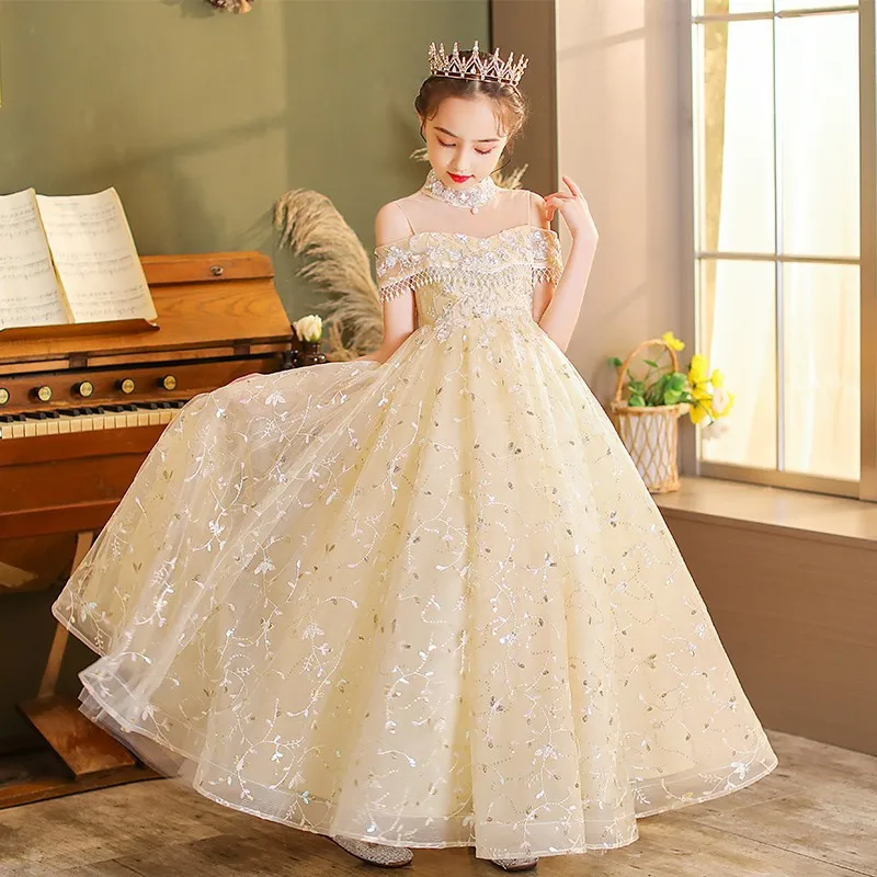 Kids Champagne Gala Long Dresses for Flower Girls Formal Luxury Birthday Party Designer Evening Gowns Children Sleeveless Dress