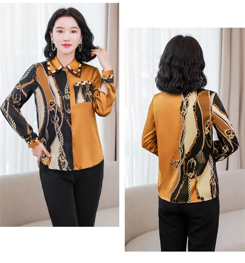 FANIECES Vintage Baroque Print Luxury Women Shirts Spring Long Sleeve Lapel Satin Shirt Elegant Blouses chemise femme de luxe