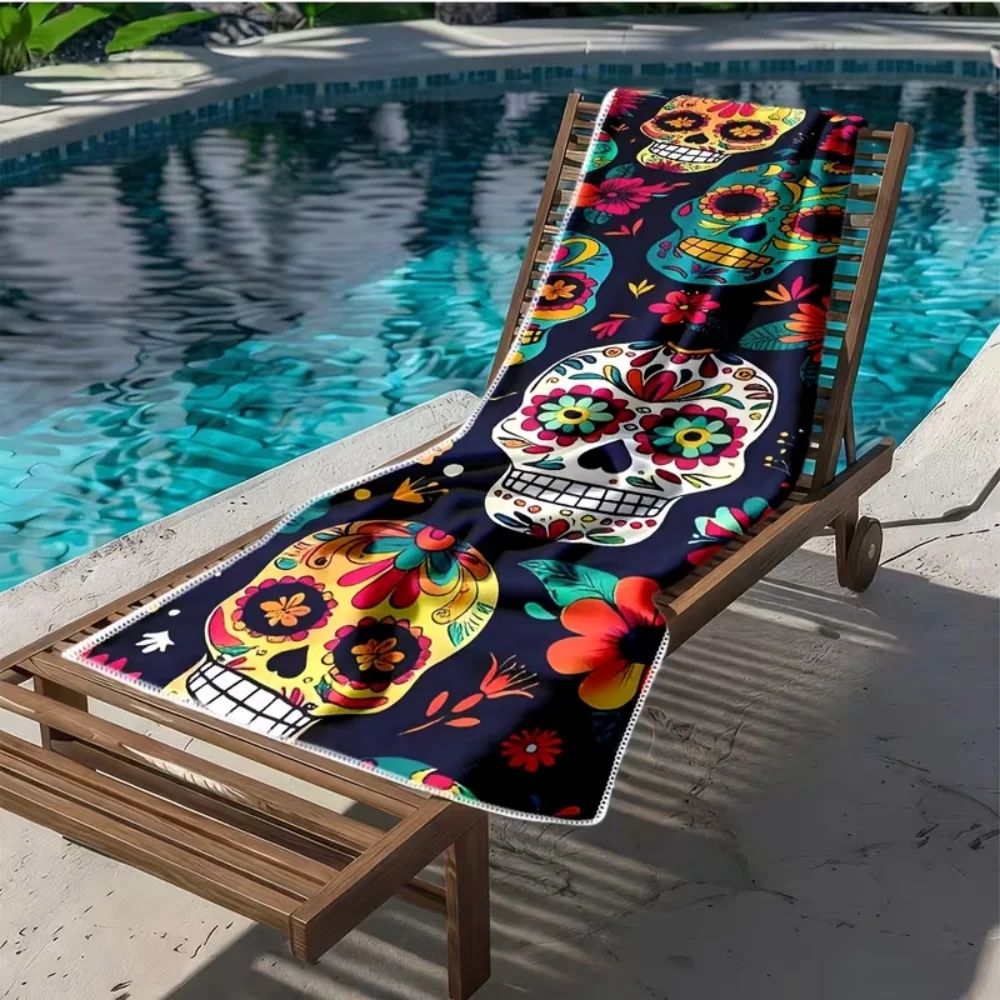 Skull Floral Print Microfiber Beach Towel Art Blanket Soft Absorbent Swim Towel Summer Holiday Outdoor Beach Accessory