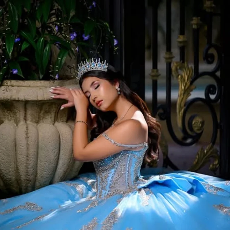 

Aqua Blue Quinceanera Dress off-shoulder Crystal Golden Glitter Decal Long tail Bow Vestidos De 15 Quinceanera ﻿Customize