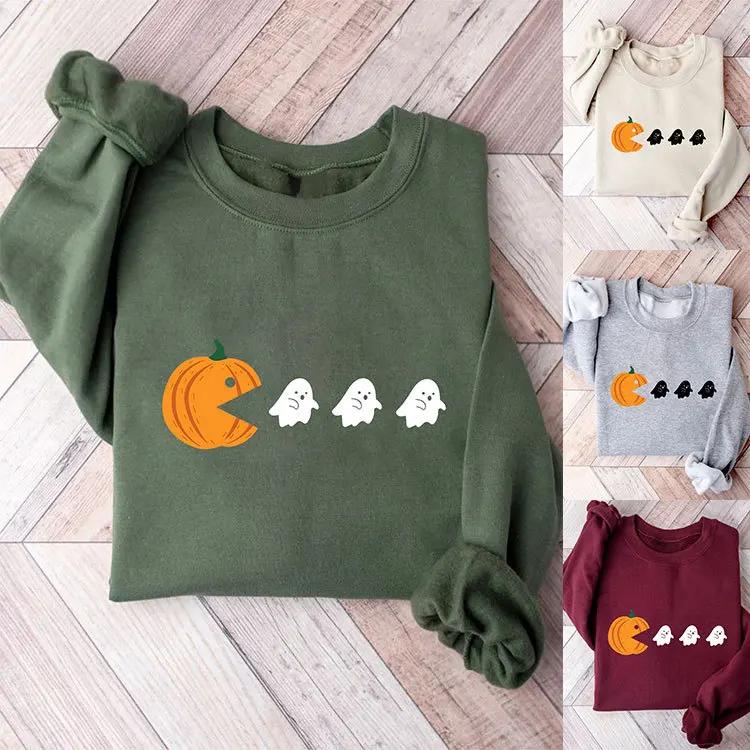 

Autumn and winter new round neck pumpkin three small ghost printed hoodie Halloween ladies long sleeve casual shirt with loose p