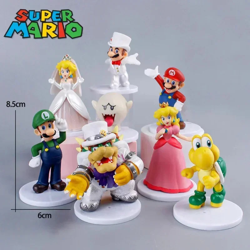 

8pcs Game Marios Bros Anime Action Figure Wedding Theme Cartoon Model Toy Dolls Luigi Princess Peach Bowser Boo Toys Kids Gifts