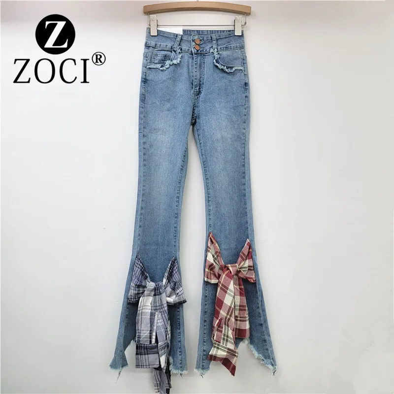 [zoci] Design Inspired Bow Spliced Blue Jeans Autumn New Item Elastic Irregular Edges, Slightly