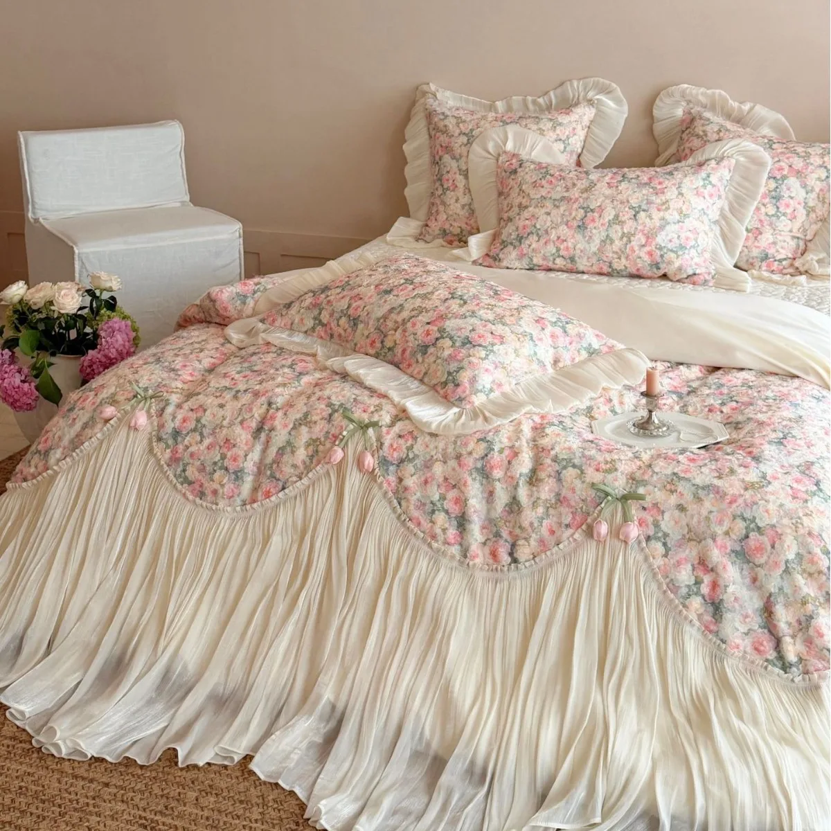 4-Piece French Princess Style A-Class Pure Cotton Bedding Set 100% Cotton Duvet Cover Sheet Romantic Lace Girl Bedding