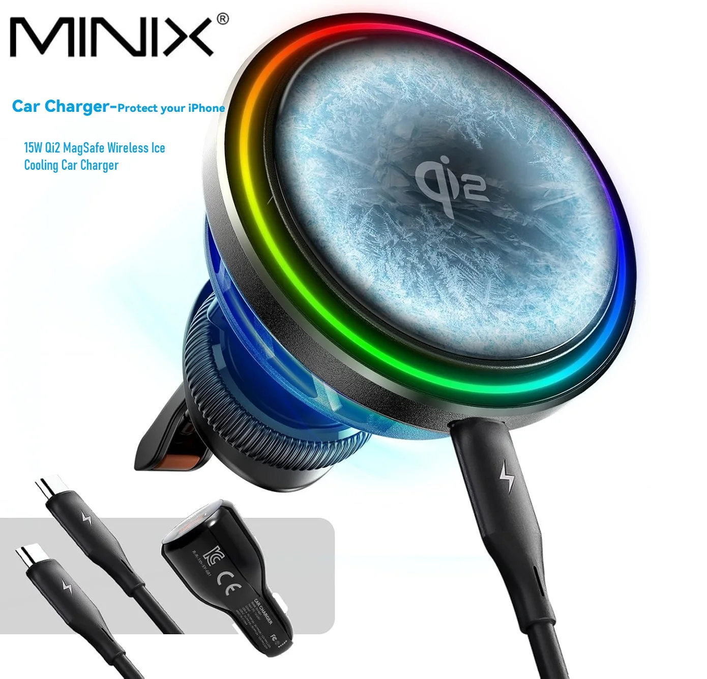 2025 New Car Charger, 15W Qi2 Magnetic Wireless Fast Charger with Ice Cooling Fan, Foldable Dashboard Car Mount Wireless Charger