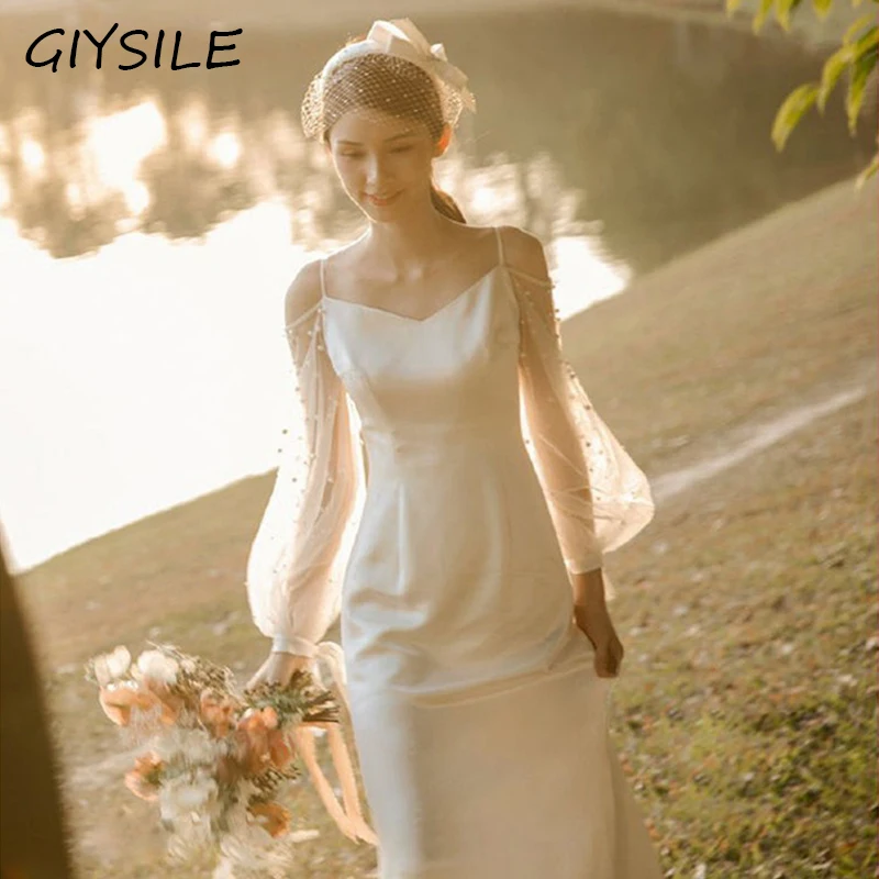 GIYSILE Satin Light Wedding Dress Simple French Temperament Long Sleeved Suspender Wedding Dresses White Wedding Formal Dress