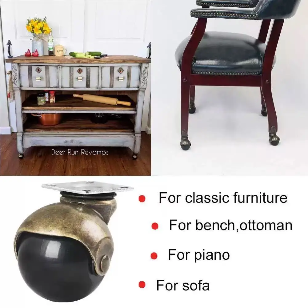 1.5/2 Inch Antique Brass Plate Mount Swivel Ball Caster with Brake, Silent Furniture Globe Wheel for Sofa