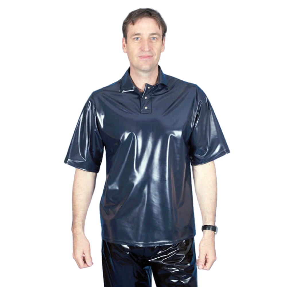 

Men's PVC Wet Look T-Shirt, Stretch Undershirt, Latex Clubwear, Turn Down Neck, Button Stage Costume, Casual Loose Top