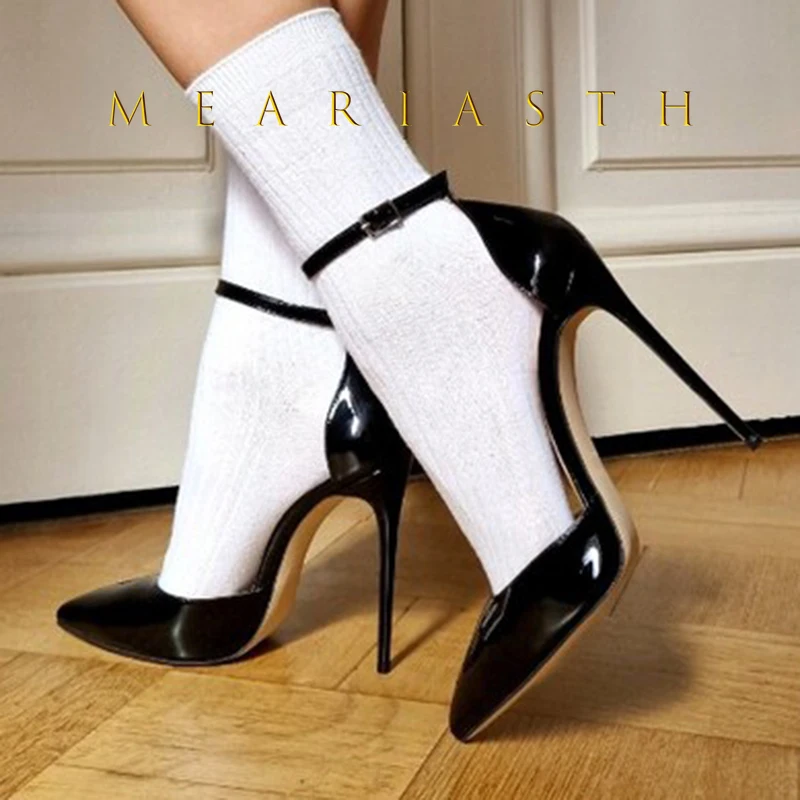 

New Pumps Patent leather 12cm High Stiletto Heels Ankle Strap Belt Buckle Sandals Women Pointed Toe Heels Shoes Plus Size 35-44