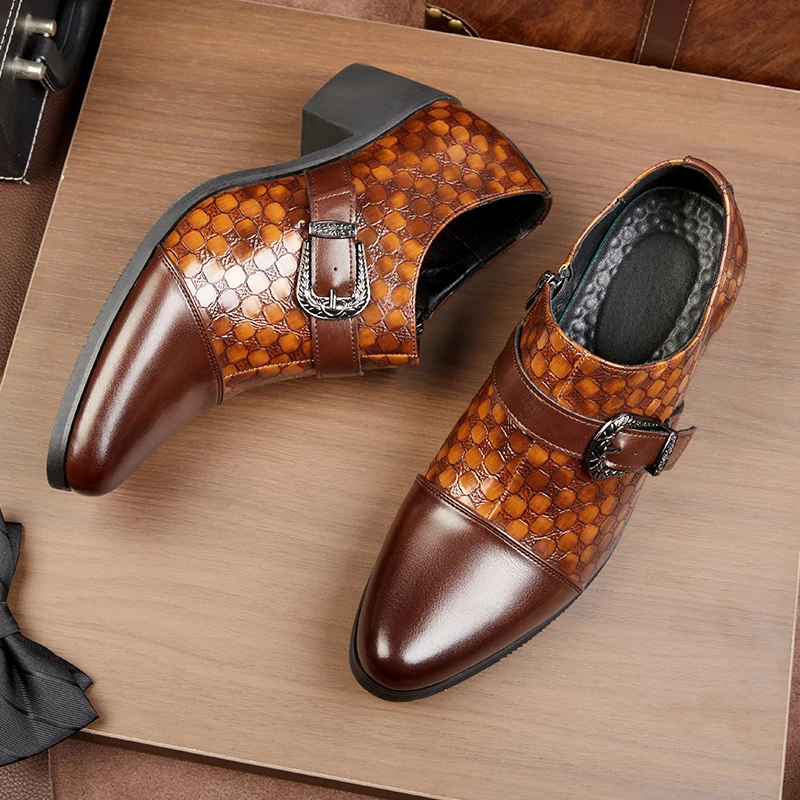 Fashion Brown Dress Shoes For Men Zip High Heels Oxfords Pointed Plus Size 46 Leather Shoes Height Increase Man Wedding Shoes