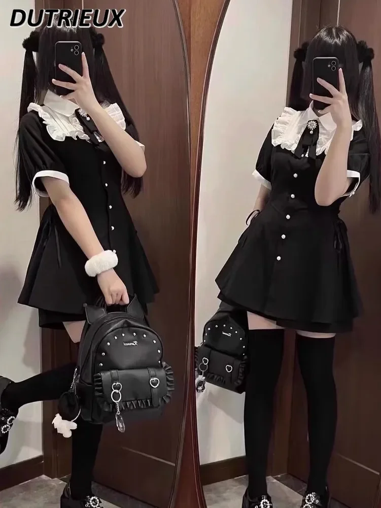 Halloween Harajuku Wind Mine Girl Fungus Edge Strap Waist Dress + Anti-light Shorts Sweet Black Two Piece Sets Womens Outifits