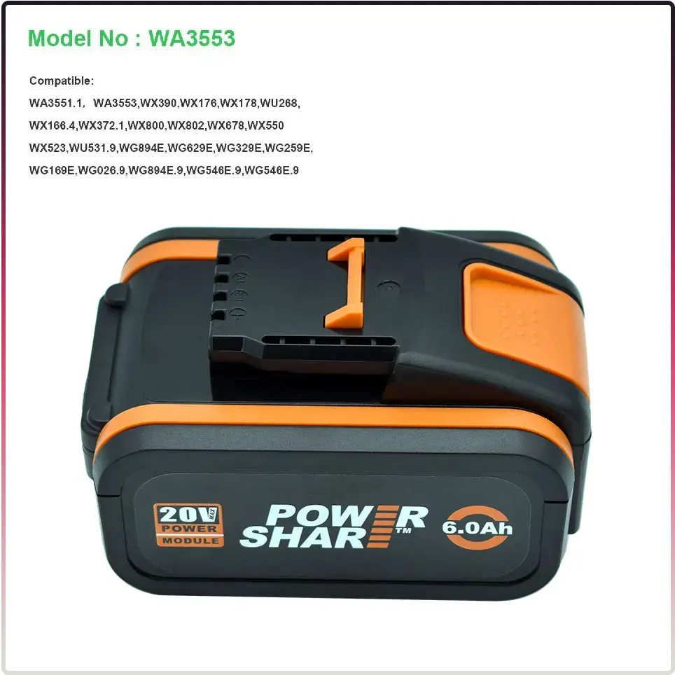 Számára worx WA3553 20V 6.0ah Tettlegesség cordless áram Munkaeszköz Zsírtalan batteriies WA3551 WA3572 WA3553 WX390 WX176 WX178 Kelt tészta