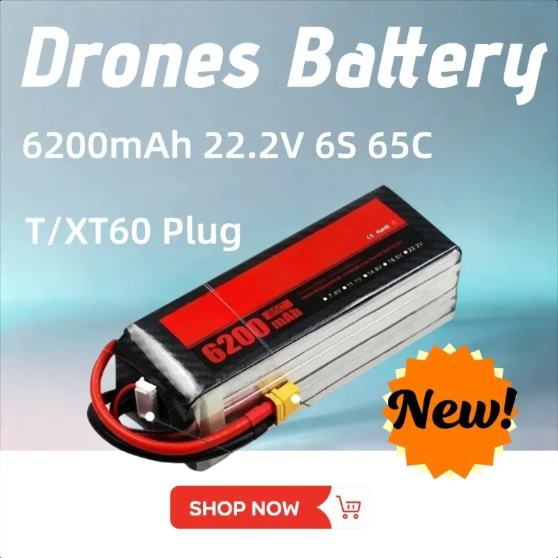 

T/XT60 6200mAh 22.2V 6S 65C LiPo Battery for RC Quadcopter Helicopter Cars Boats Drones Rechargeable Battery