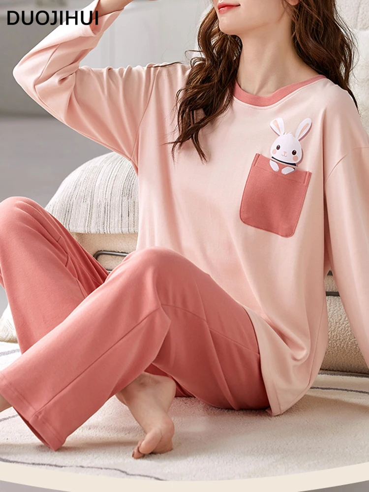 DUOJIHUI Pink Women's Two-piece Pajamas Autumn New Fashion Casual Long Sleeved Women's Home Wear Sweet with Chest Pad Pullover