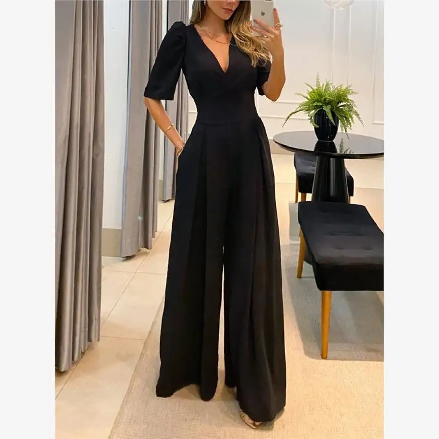 

Casual V-Ne High Waist Wide Leg Jumpsuit ort Sve Tie Dred Street Sle High Waist Long Pants Polyester Fabric
