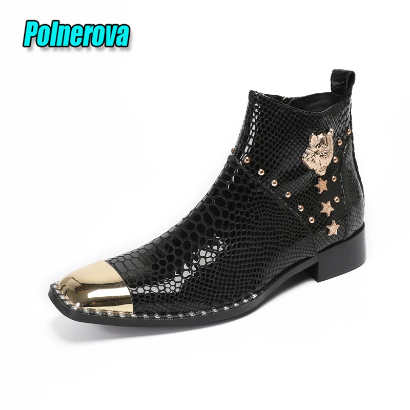 Snake Pattern Patent Leather Men Boots Punk Rivets Metal Tiger Decor Chelsea Boots Luxury Cowhide Banquet Party Dress Shoes