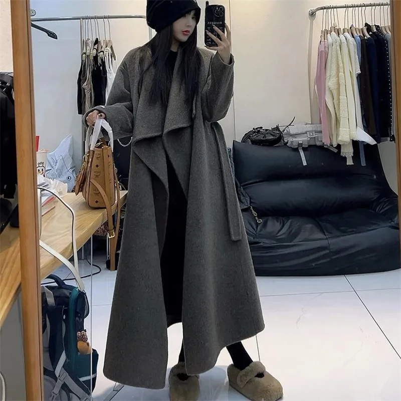 

2025 Fashion Turn Down Collar Coat Women Autumn Winter Elegant Long Sleeve Lady Long Coats Chic Pocket Female Jacket