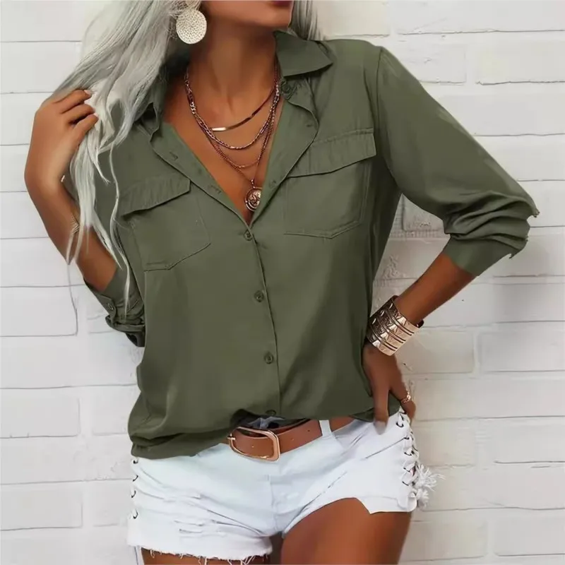 

New Women's Shirt Lapel Long Sleeve Blouses Spring Fall Fashion Elegant Black White Pockets Office Lady Shirts Women Clothing