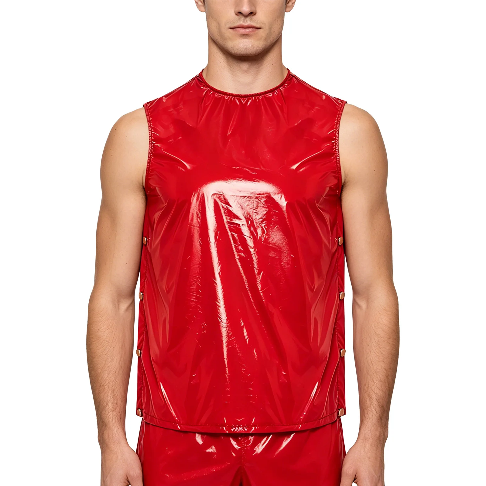 Mens Vinyl Waterproof Reusable Vest Tops Sleeveless Sides Buttons Tank Tops Gym Workout Exercise Fitness Sportswear Swimwear