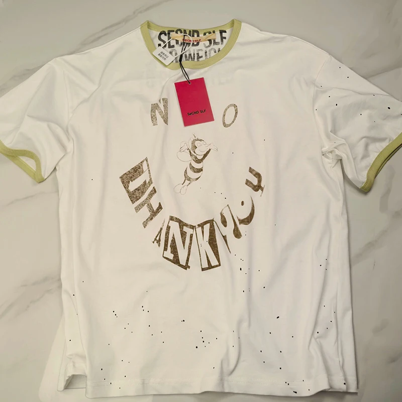 SECND SLF T-Shirt Color Block Bee Splatter Print Short Sleeve American Vintage Distressed Cotton Loose Fit Men Women Tee