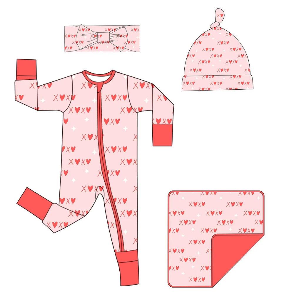 Boutique Valentine's Day Baby Sleepsuit Heart Print Headband Hat Blanket With Baby Romper Custom Other Pattern
