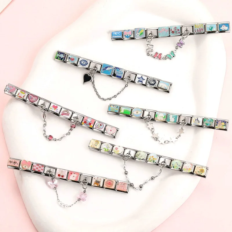 Y2K Cuore nero Stelle Farfalla Occhi Catena Ciondoli italiani Collegamenti Misura Bracciale da 9 mm Acciaio inossidabile Donna Gioielli fai da te Creazione di regali