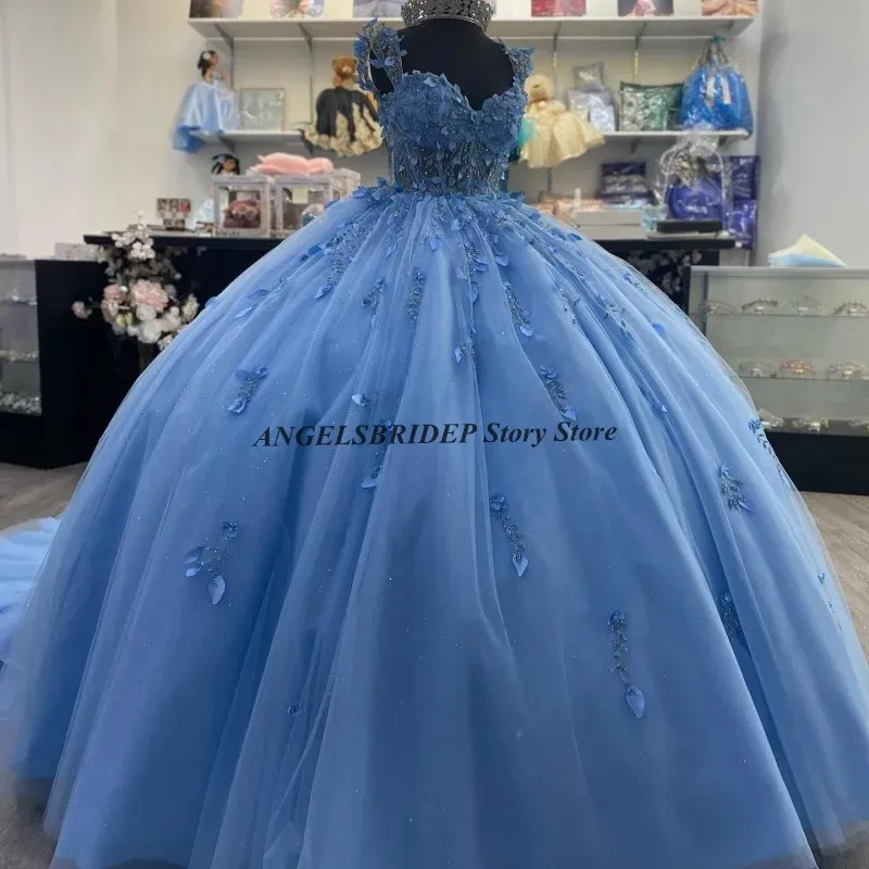 Angelsbridep-Vestidos Quinceanera Azul Céu Brilhante, pérola cristal, aplique floral 3D, vestido de aniversário formal, 15 anos, 24 anos, 2024