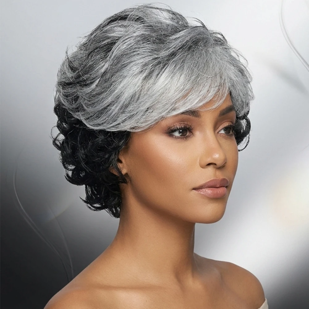 Short Style Mixed Silverygrey Wig with Memory Fiber Pixie Curly Synthetic Wig with Bangs Role-Playing, Costumes, Wigs for Cospla