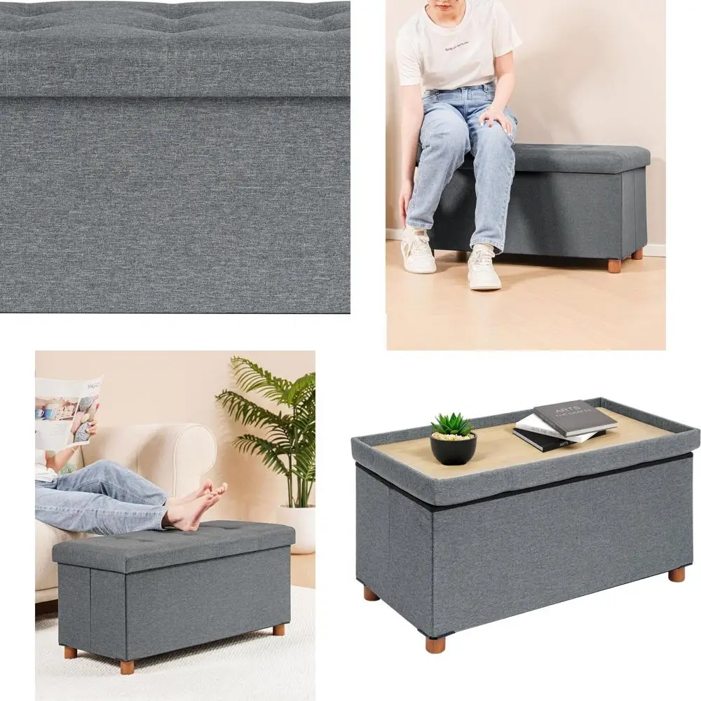 

Пуфик для хранения серого льна с подносом, 30-местный куб, подставка для ног с ножками