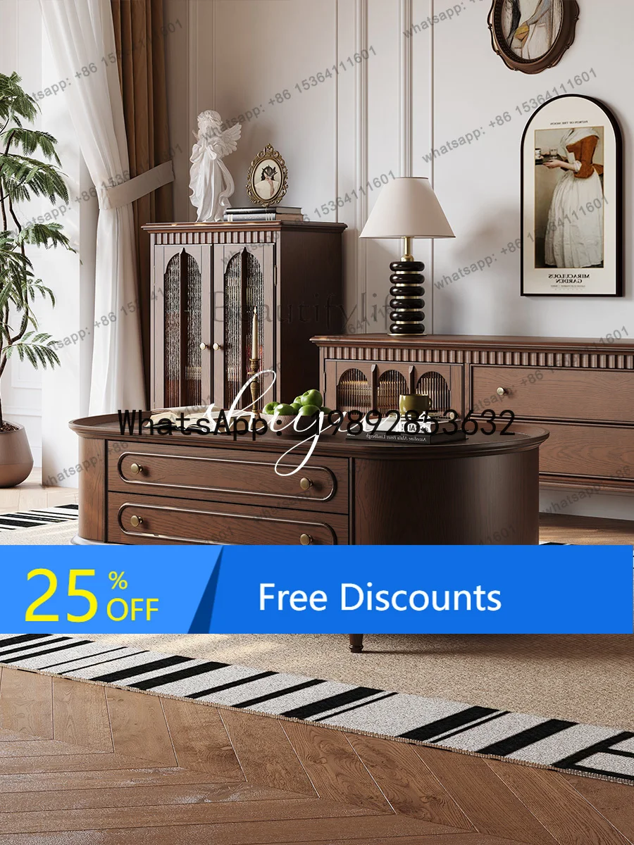 

All solid wood oval combination set living room small apartment American medieval coffee table