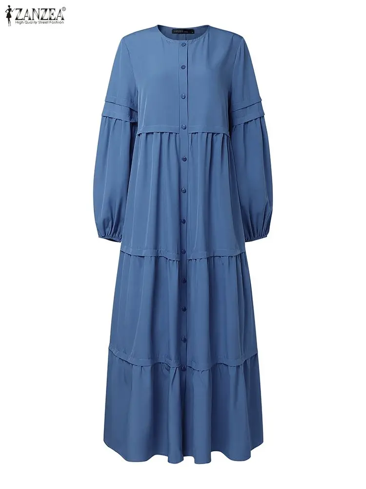 ZANZEA musulman Hijab robes Ramadan Abaya Robe Femme femmes élégant à manches longues plissé Robe d'été solide bouton Robe caftan 2026