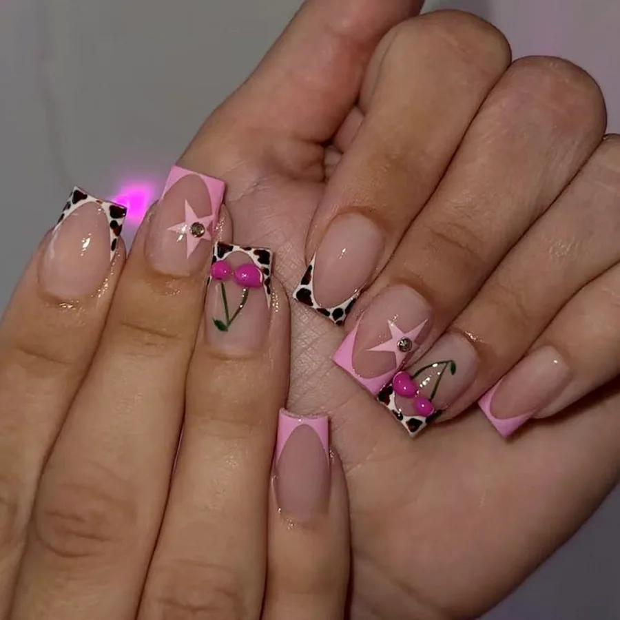 

24pcs Pink French Fake Nails Wearable Sweet Leopard Print Short Square False Nail with Cherry Rhinestone Design Press on Nails