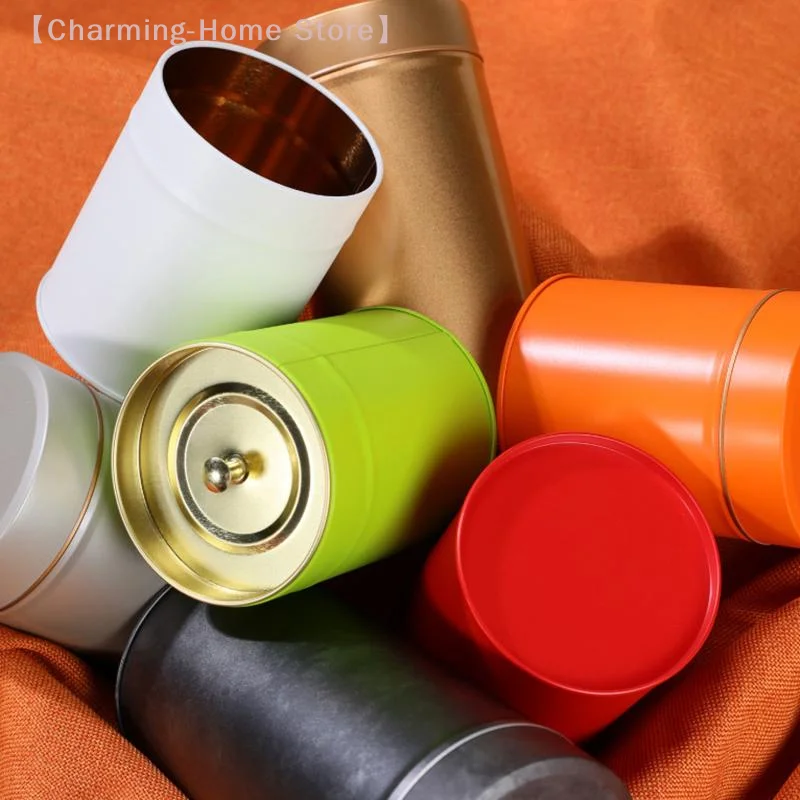 【M】Iron Tea Canister Metal Tea Storage Tin Available In 4 Colors With A Double-Layered Airtight Lid Cylindrical Shape