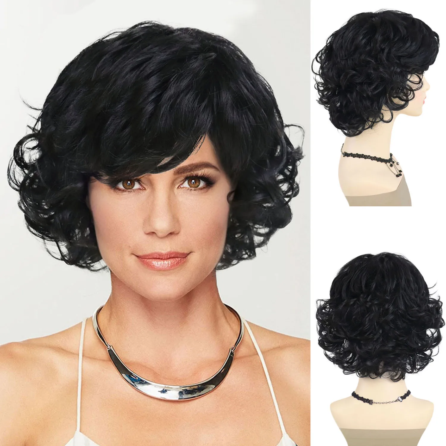 Synthetic Short Black Wigs with Side Part Bangs Natural Curly Wig for Women Daily Party Dark Brown Mommy Hair Replacement Wig