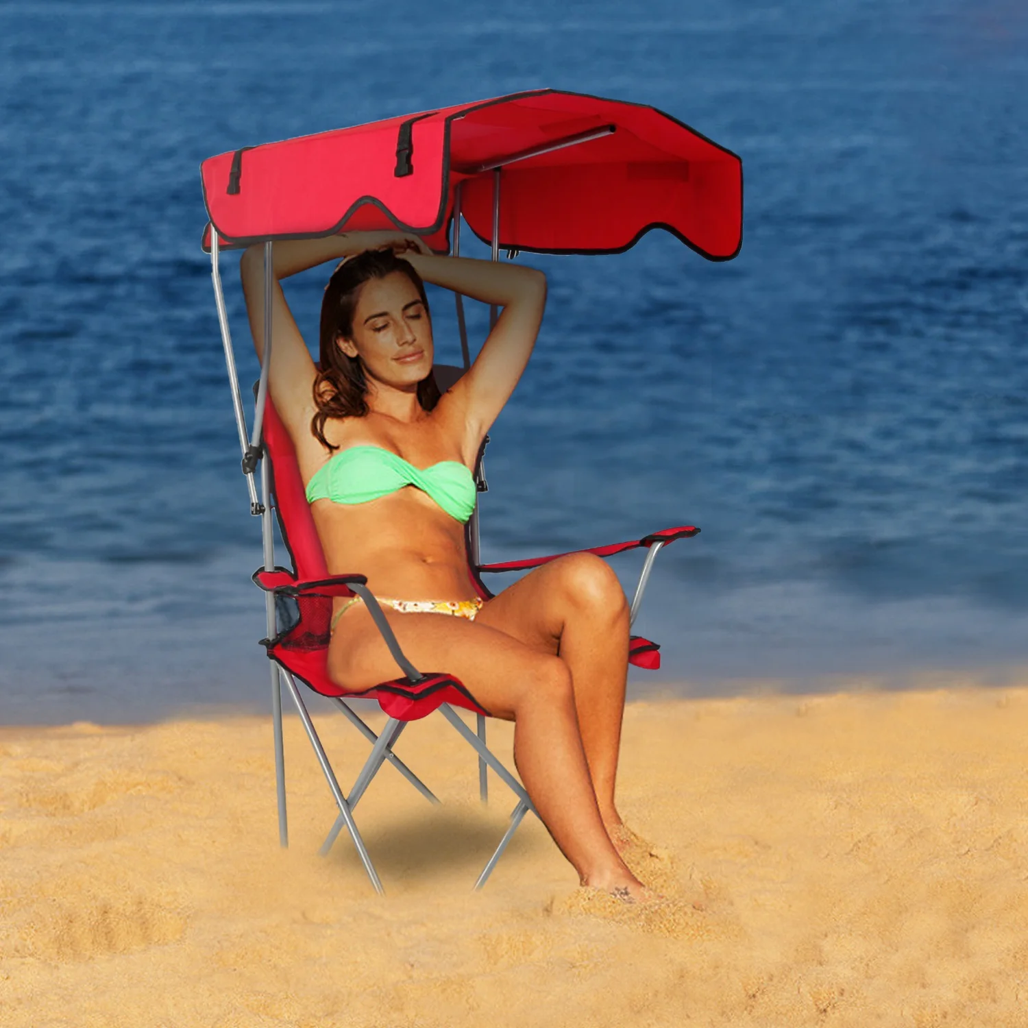 

Foldable Beach Canopy Chair Sun Protection Camping Lawn Canopy Chair 330LBS Load Folding Seat w/ Cup Holder For Beach Poolside