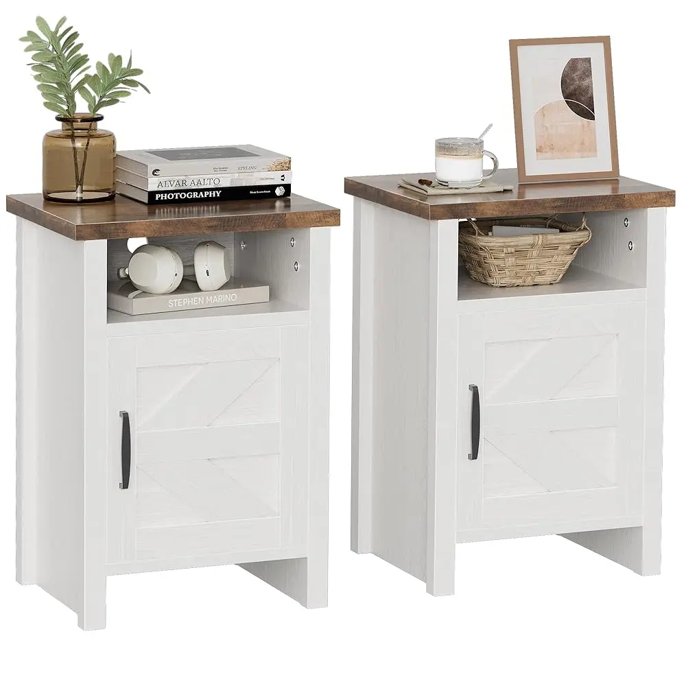 

Farmhouse Modern Nightstand With Shelf And Barn Door, Set Of 2 For Bedroom, White