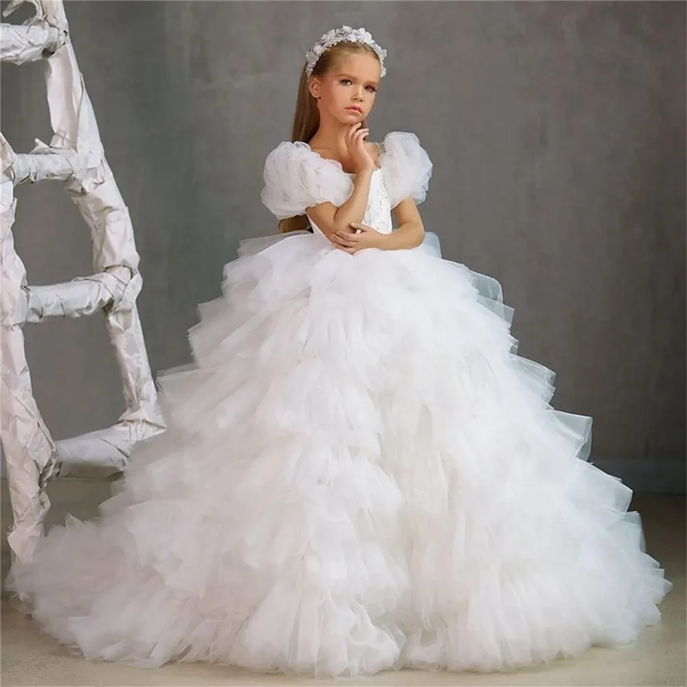 Evening Dresses First Communion Gowns Layered Ball Flower Girl Dress Wedding Fluffy Sleeves Glitter Sequin Kids Birthday Gift