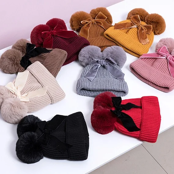 Velvet Ball D2 Knitted Wool Children's Round Warm Small Hat Winter 405 Baby Double Bow